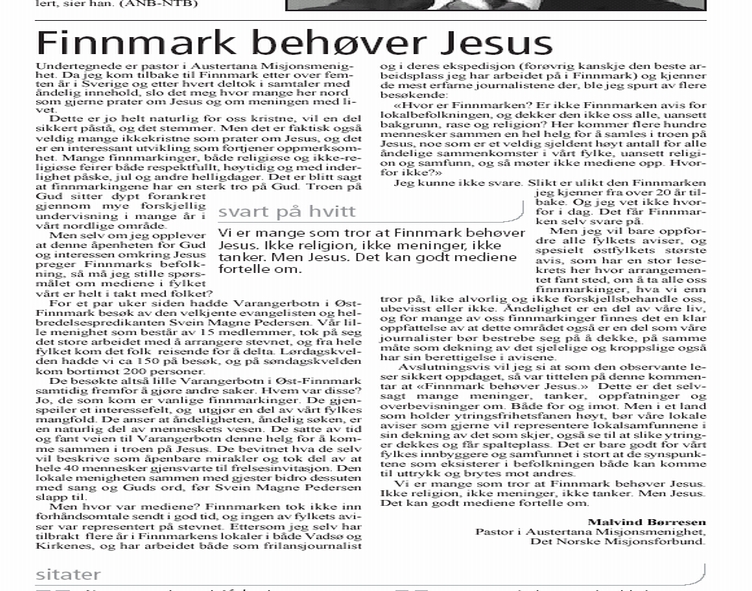 Finnmark Behver Jesus